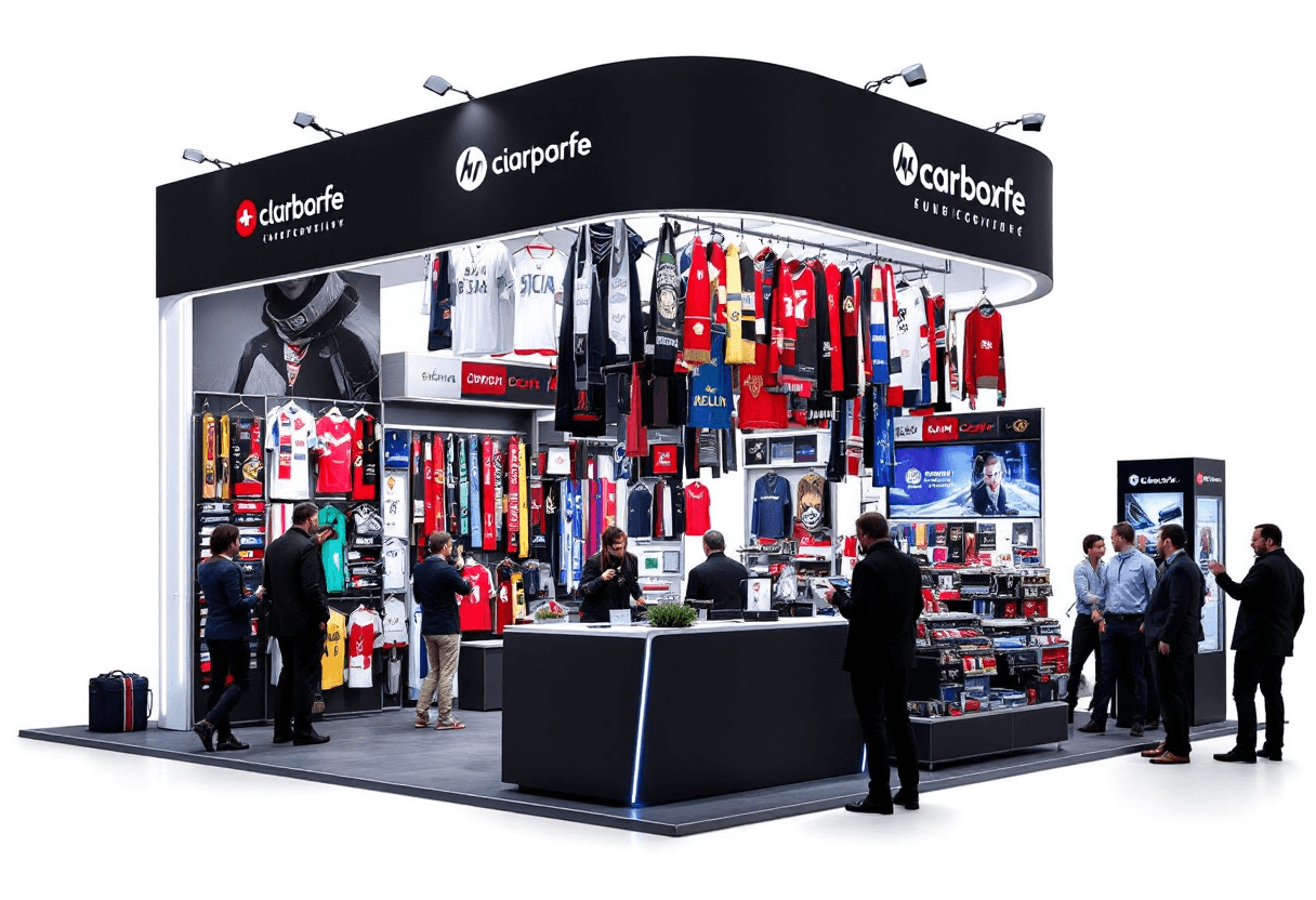 Stand merchandising avec écharpes de supporter